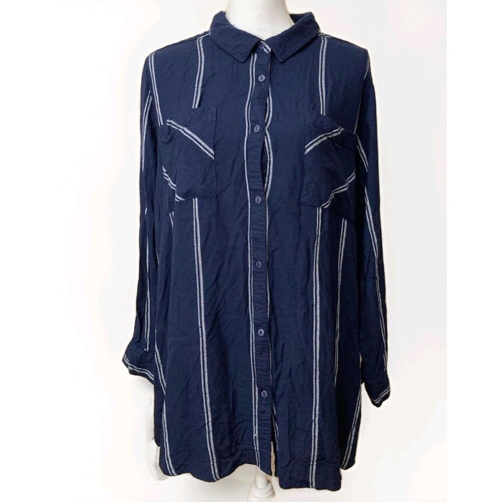 Ellos Blouse Womens 22 Blue White Stripe Tunic Button Up Long Sleeve Plus Preppy - Picture 1 of 8